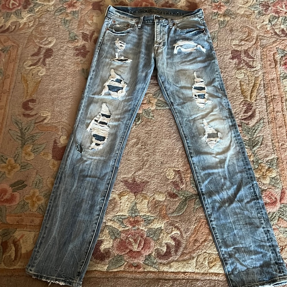 AEO Destroyed Light Washed Straight Kick Boot Denim Jeans - Picture 1 of 5